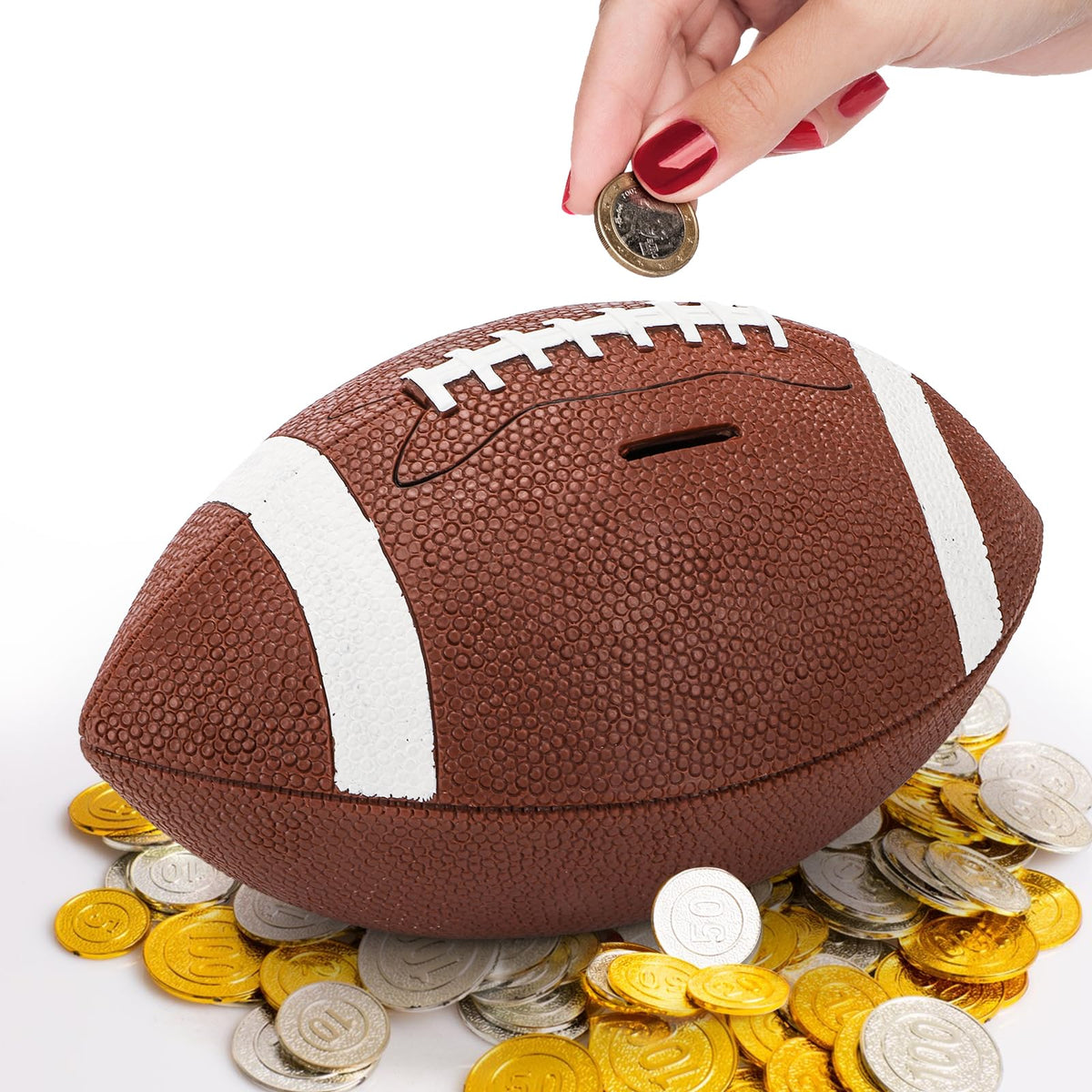 Tlence football bank front view highlights a durable, kid-friendly savings design.