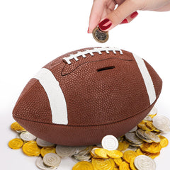 Tlence football bank front view highlights a durable, kid-friendly savings design.