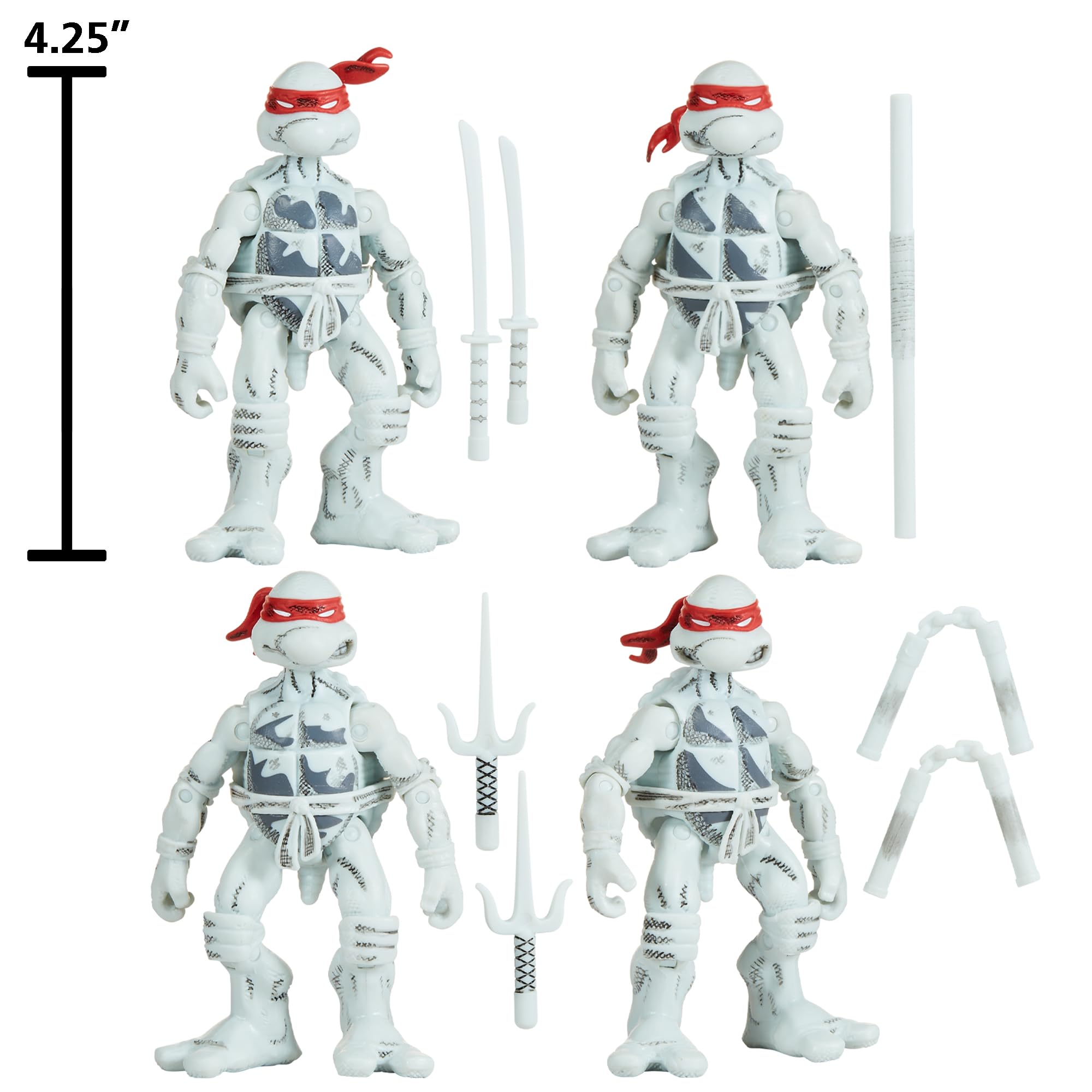 TMNT B&W four-pack back view highlights authentic vintage styling and poseable characters
