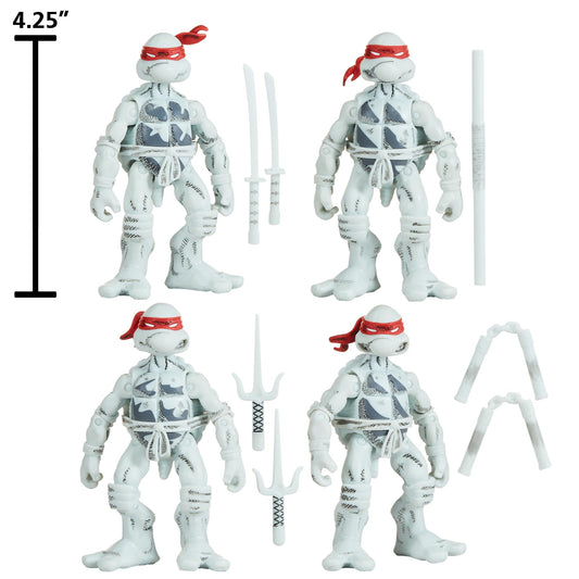 TMNT B&W four-pack back view highlights authentic vintage styling and poseable characters