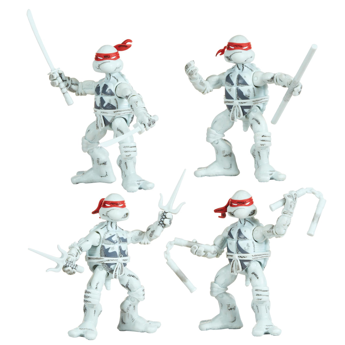 TMNT B&W four-pack front view shows retro comic-inspired figures for display