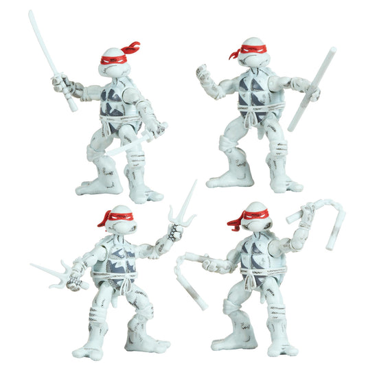 TMNT B&W four-pack front view shows retro comic-inspired figures for display