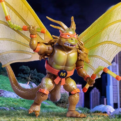 TMNT x Godzilla Mikey figure on shelf diorama-ready for storytelling.