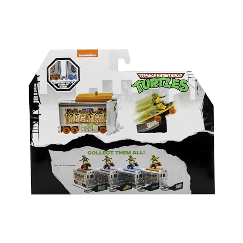 TMNT Michelangelo inside the orange subway car with graffiti styling for themed play.