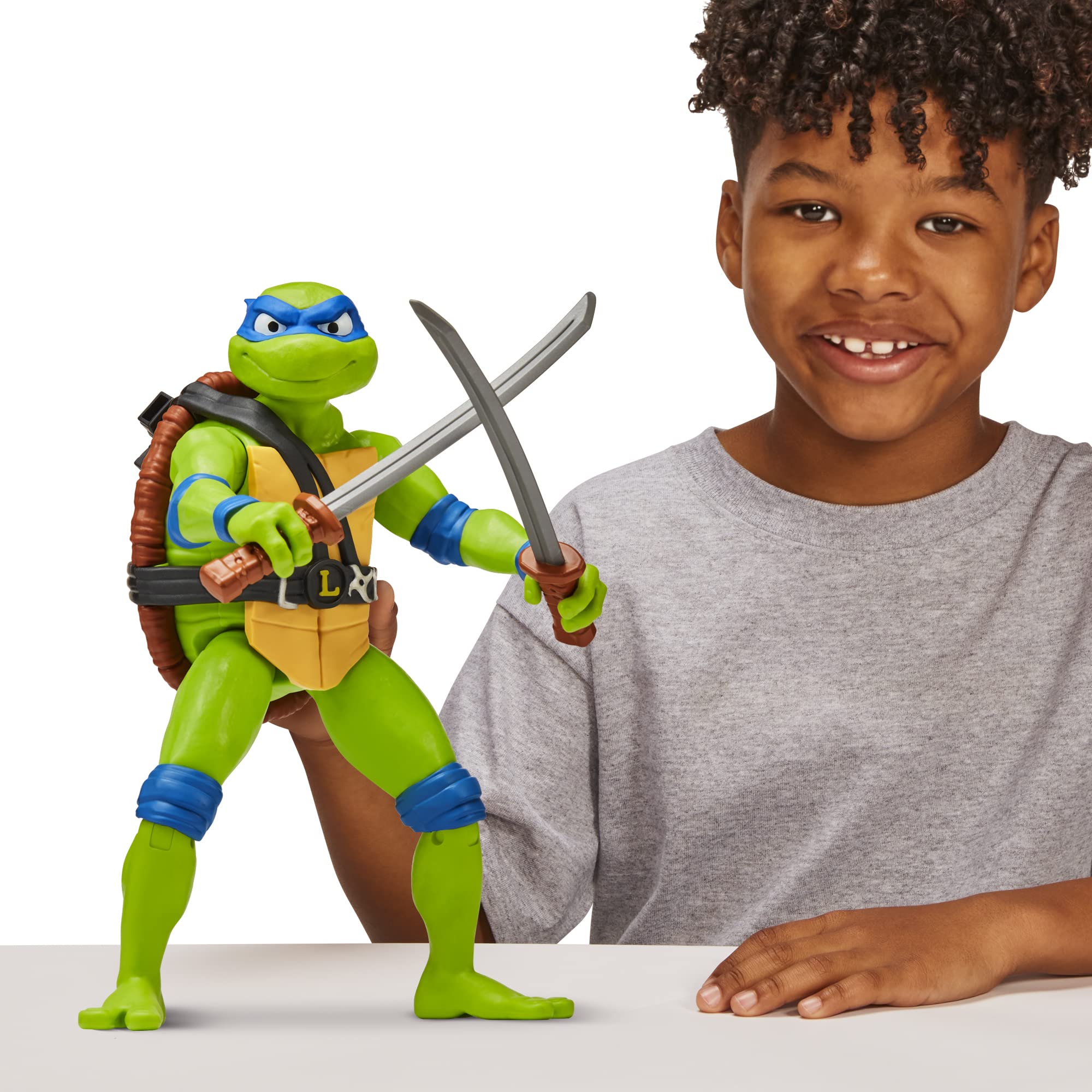 TMNT Leonardo with seven articulation points enabling dynamic battle poses.