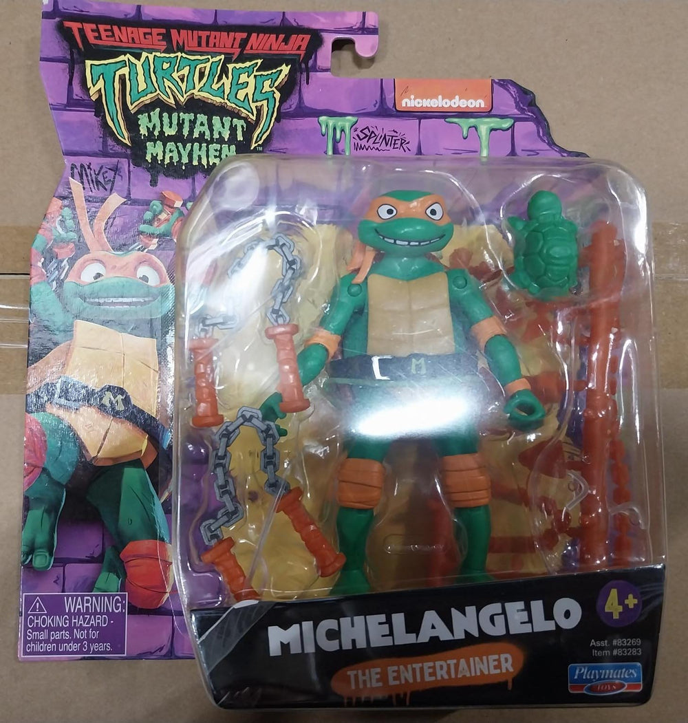 TMNT Mutant Mayhem Michelangelo blister-pack packaging with bold artwork