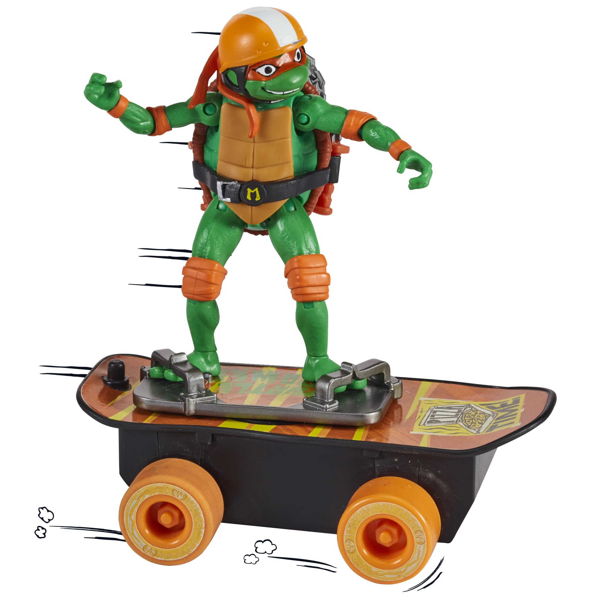 TMNT Mutant Mayhem Michelangelo helmet detail image, highlights protective gear for pretend skating.