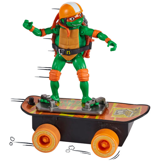 TMNT Mutant Mayhem Michelangelo helmet detail image, highlights protective gear for pretend skating.