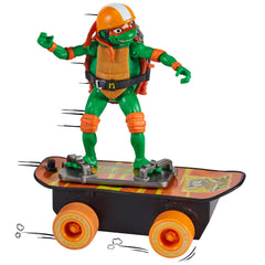 TMNT Mutant Mayhem Michelangelo helmet detail image, highlights protective gear for pretend skating.