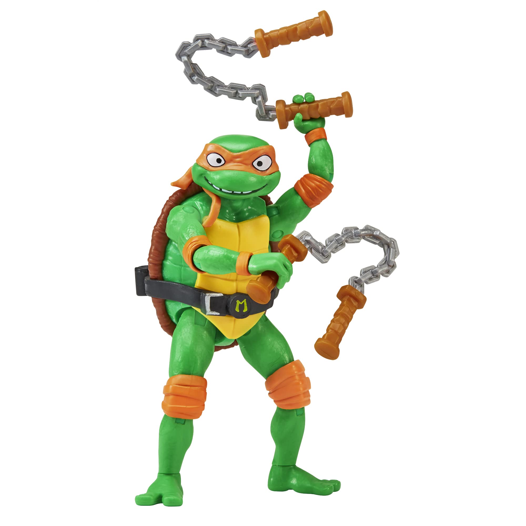 TMNT Mutant Mayhem Michelangelo nunchaku included for action poses