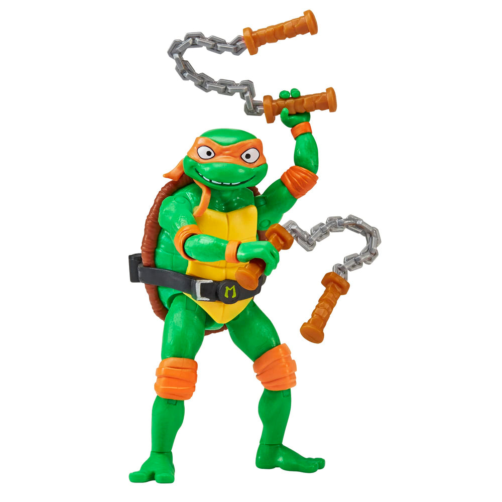TMNT Mutant Mayhem Michelangelo nunchaku included for action poses