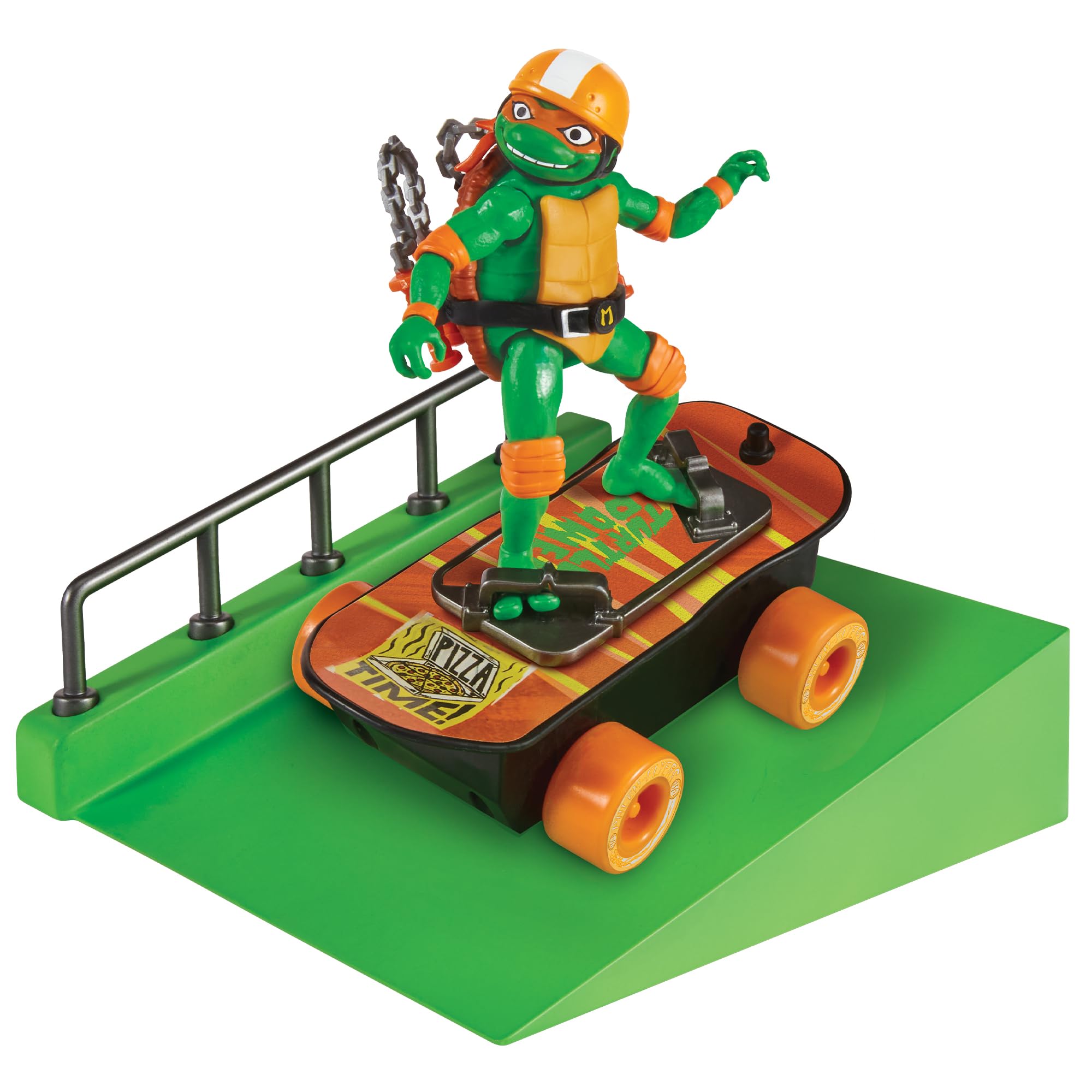 TMNT Mutant Mayhem Michelangelo on skateboard action image, inspires imaginative play and storytelling.