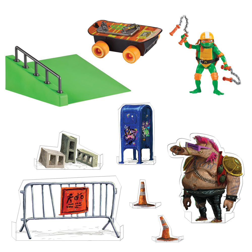 TMNT Mutant Mayhem rev-up skateboard action image, showcases motorized thrills for pretend racing.
