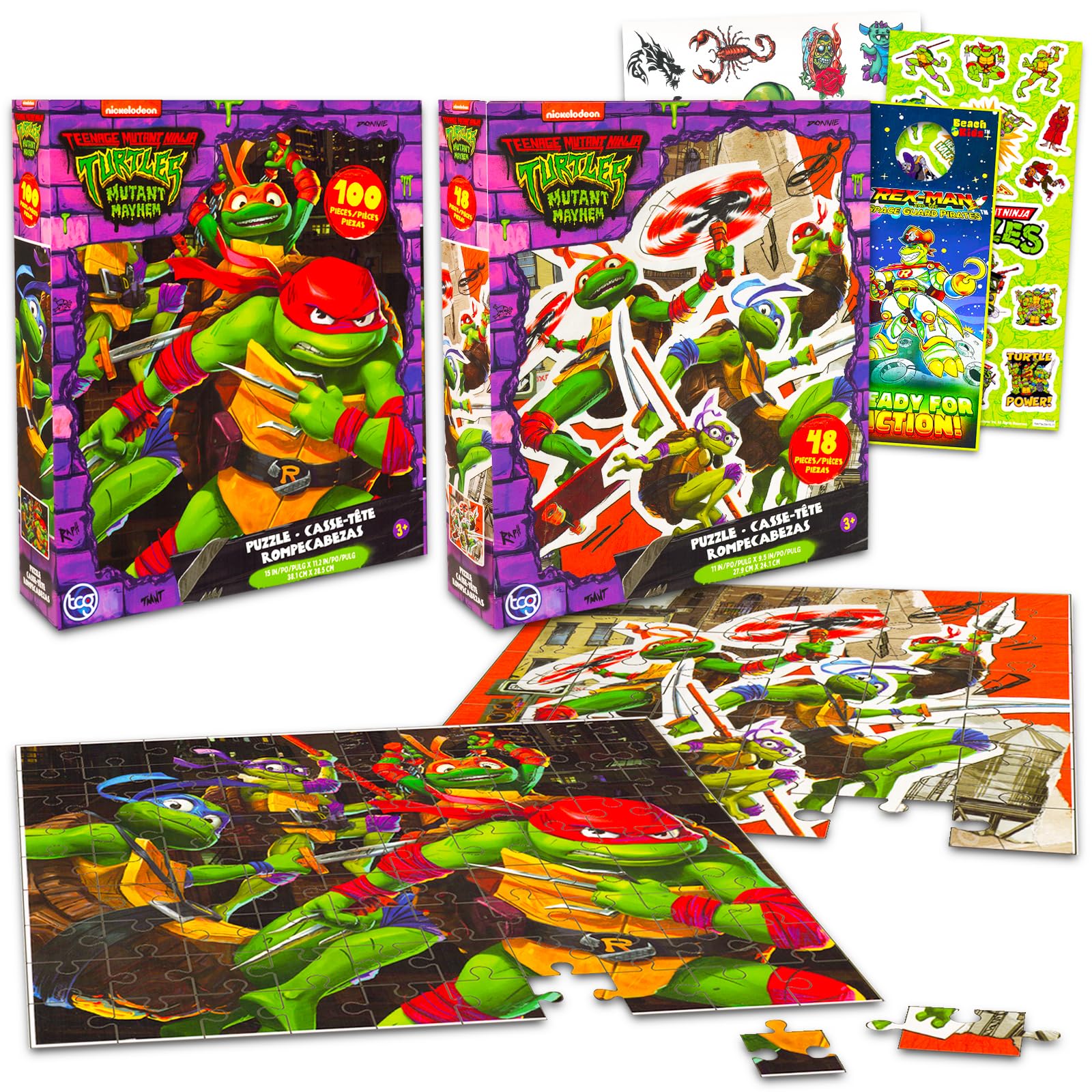TMNT puzzle sets bundle image showing two puzzles and stickers for family play