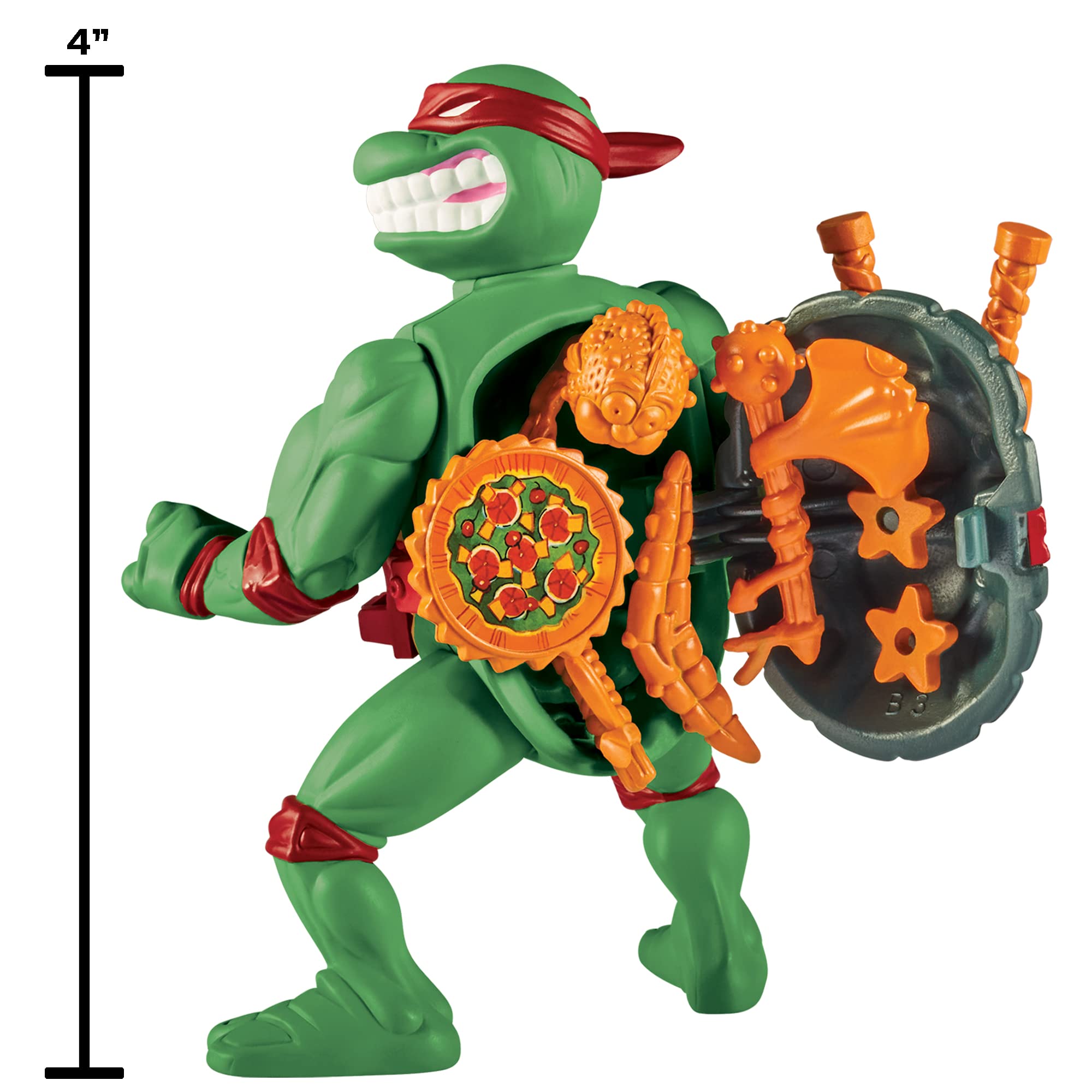 TMNT Raphael storage shell open reveals hidden compartments for pretend arsenal during battles.