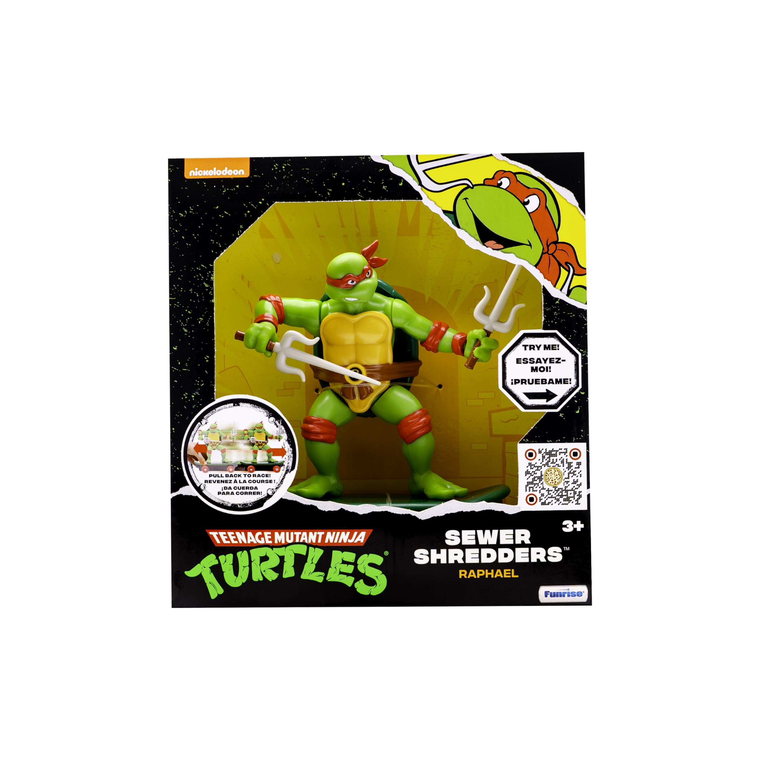 Raphael action pose with pull-back feature boosts dynamic play.
