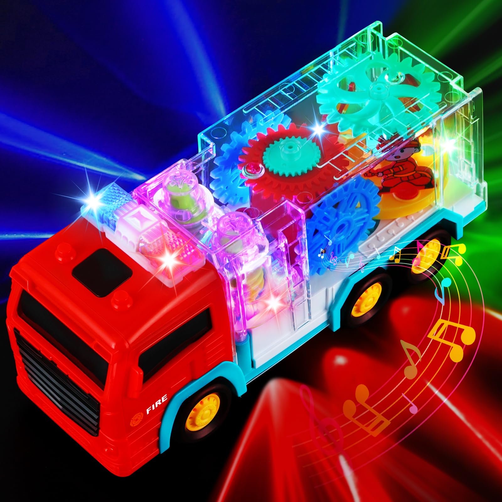 TNOIE Fire Trucks toy with light-up LEDs and rotating gears for engaging play.