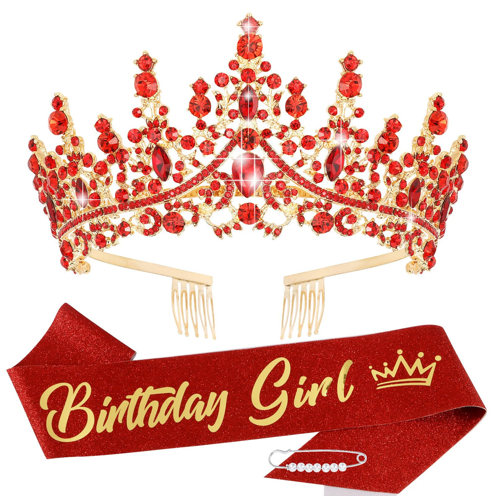 TOBATOBA red crown with rhinestones, closeup on sparkling details for photos