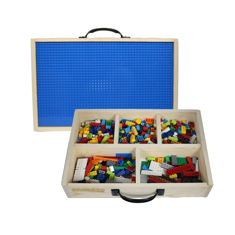 Toblock wooden box open interior shows five compartments for organized play