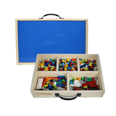 Toblock wooden box open interior shows five compartments for organized play