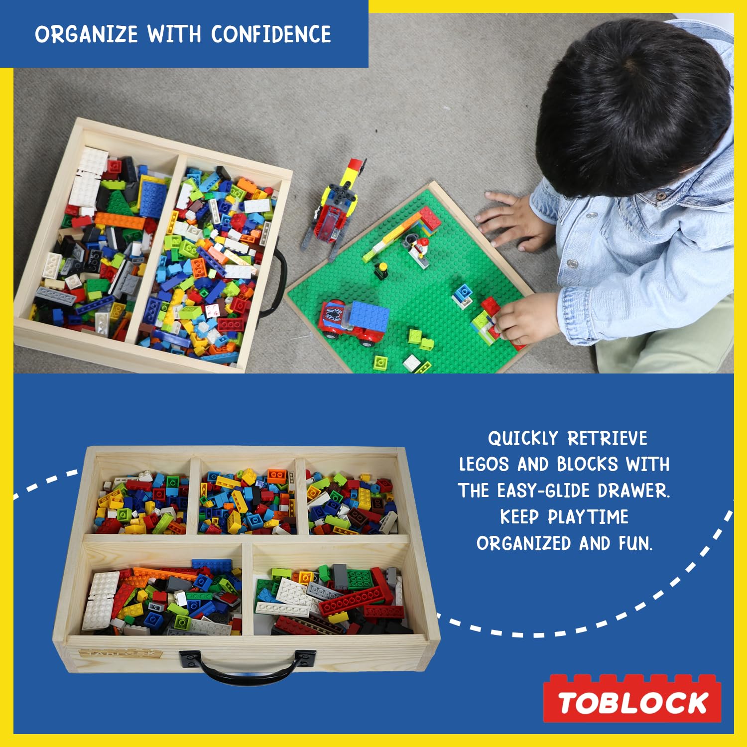 Toblock durable pine wood construction emphasizes sturdy, eco-friendly storage