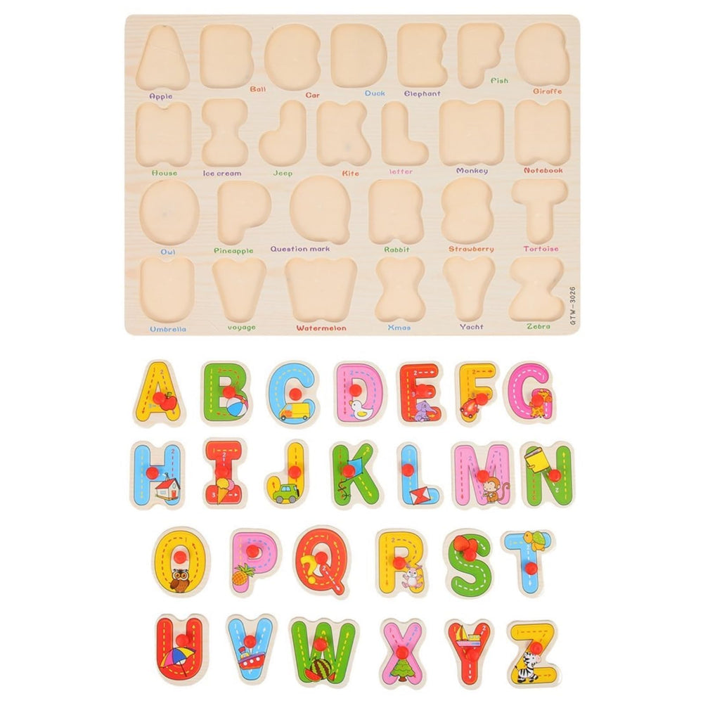 Alphabet Puzzle wooden blocks shape pieces: supports shape recognition and problem solving.