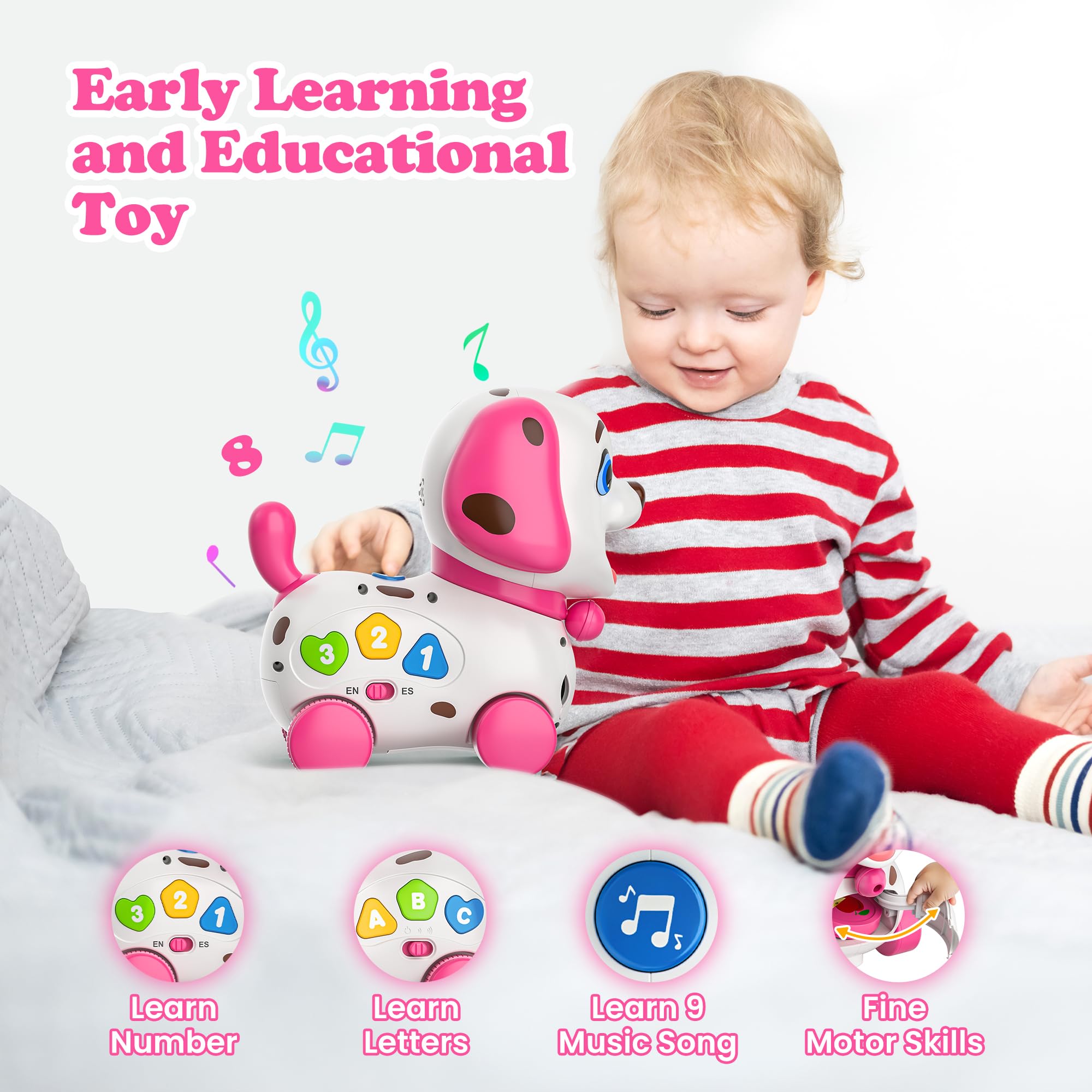 ToddlerCley Musical Puppy languages mode introduces bilingual learning in English and Spanish