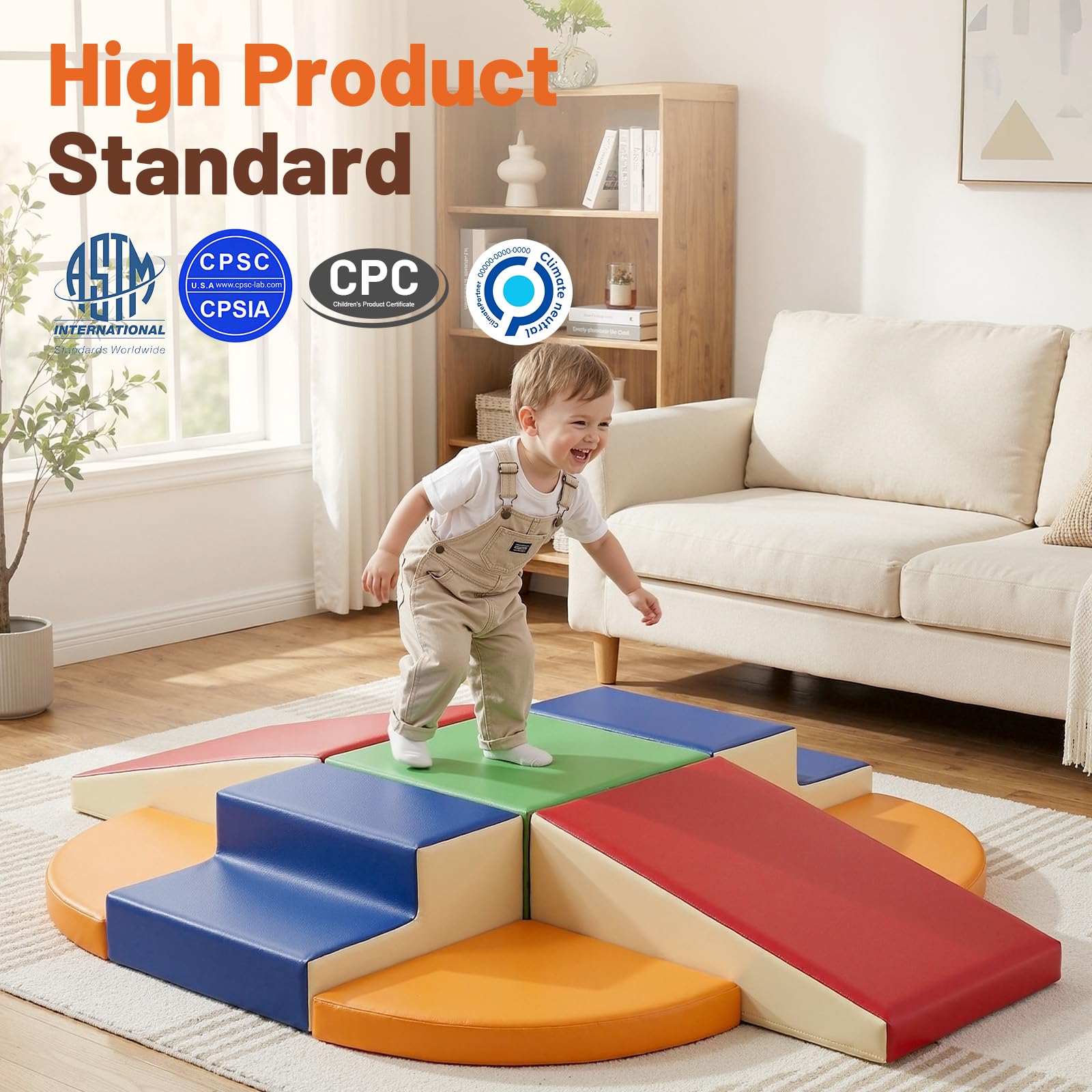 TODIBY colorful foam blocks stacked, promoting color recognition and motor skills.