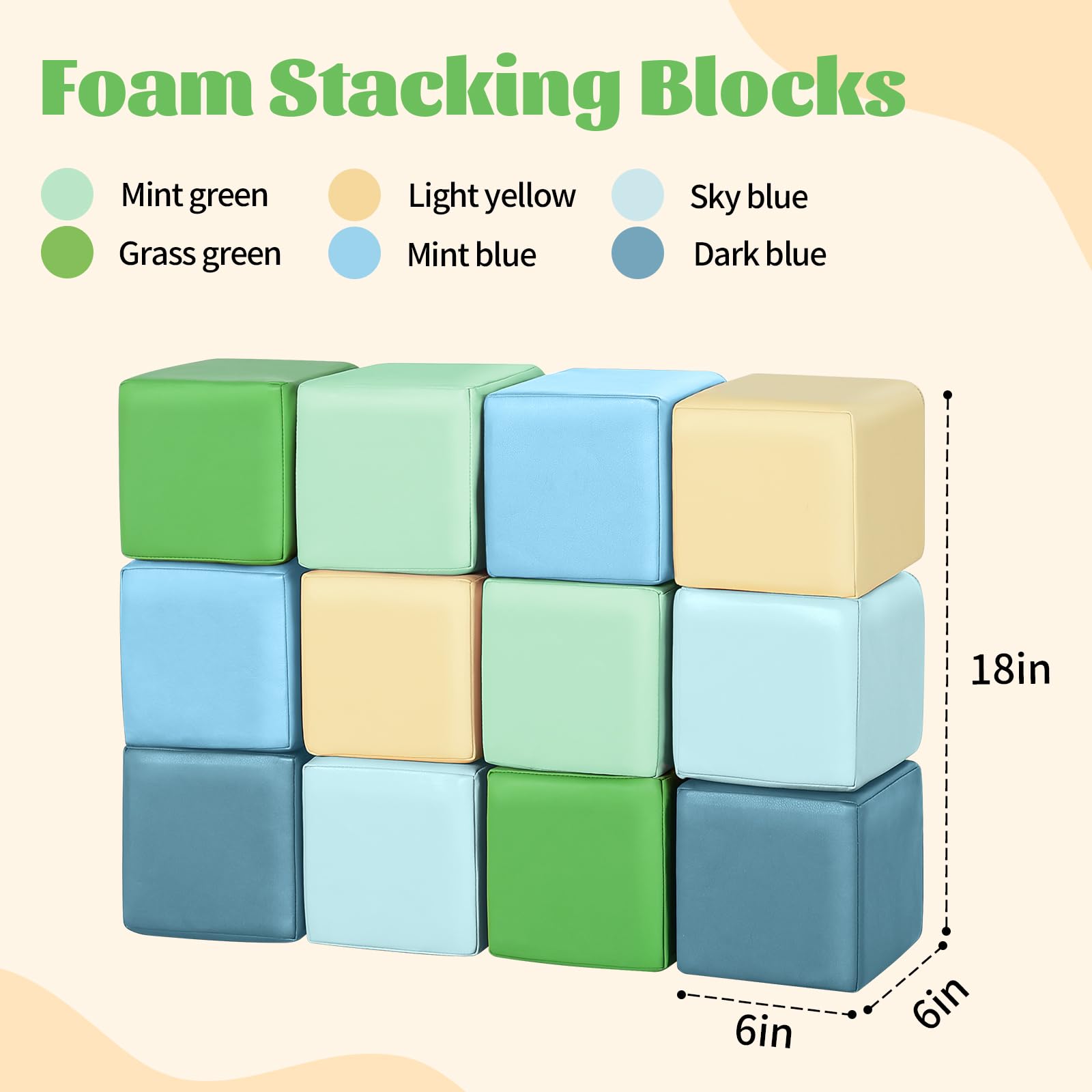 Todiby foam building blocks 12-piece yellow-green side view showing wipe-clean surface for quick cleanup.