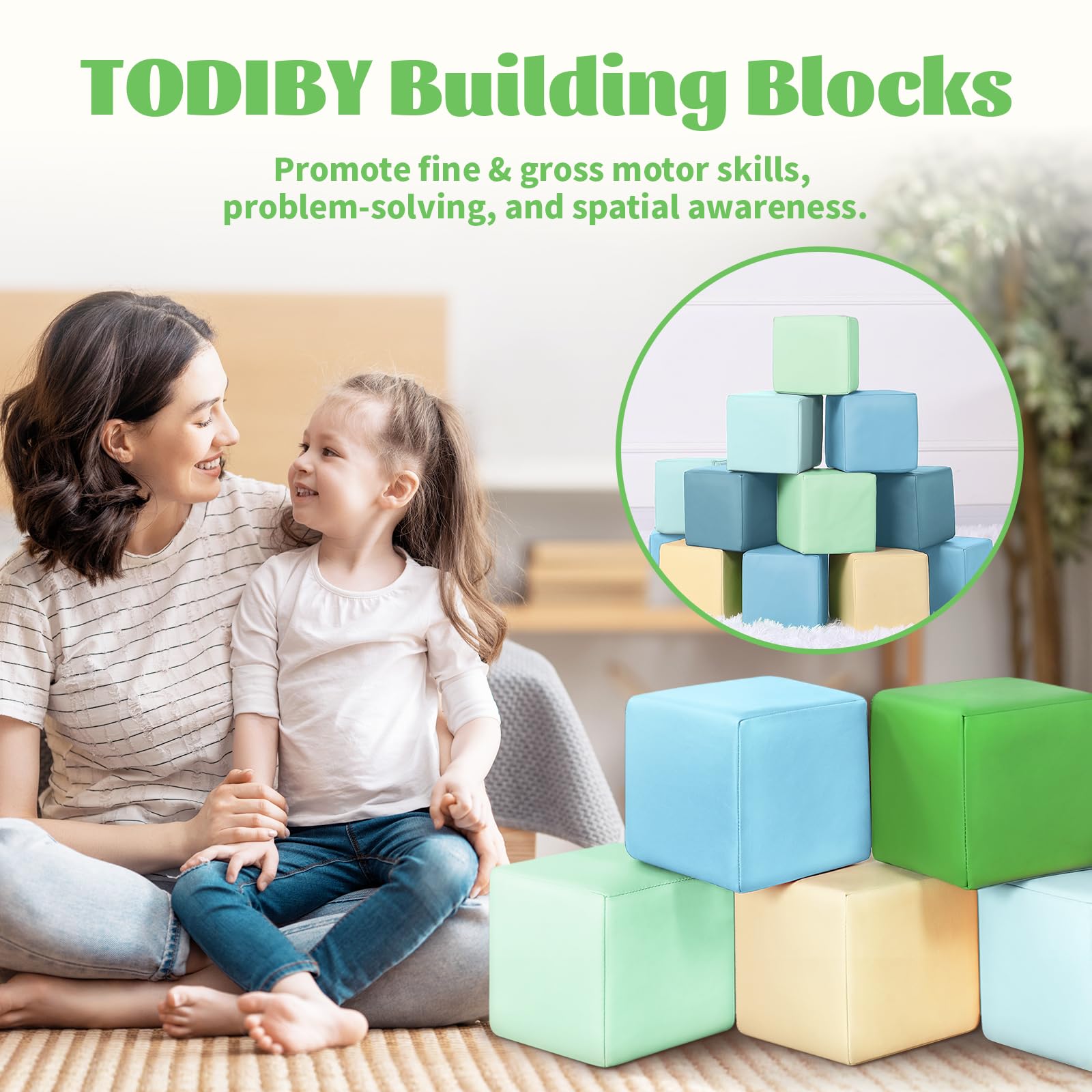 Todiby leather-covered foam blocks for toddlers, durable and soft for safe tumbling during play.