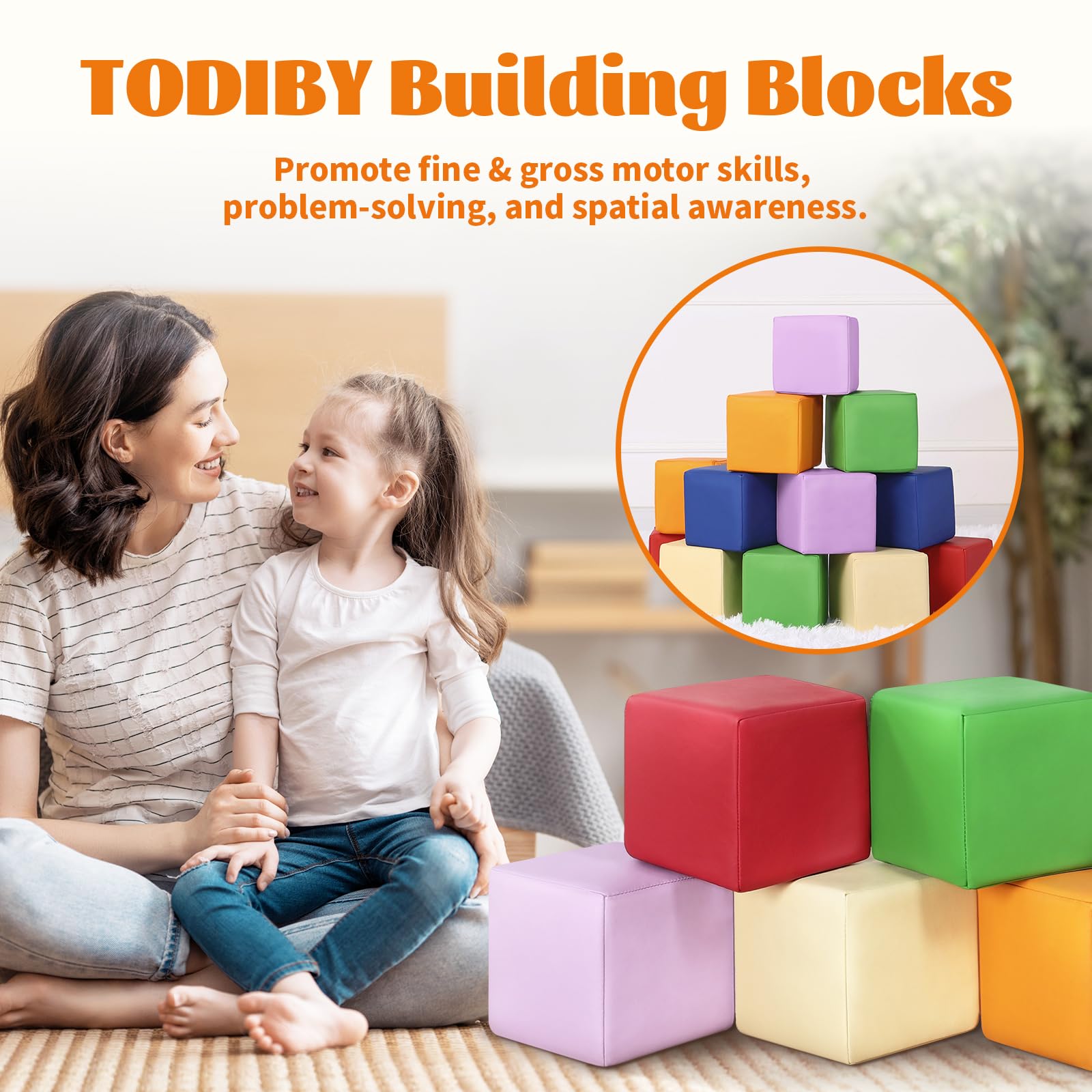 TODIBY rainbow foam blocks showing soft texture for toddler exploration