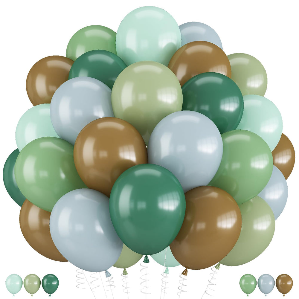 TOGVU blue green brown 12-inch balloons for a dinosaur jungle party backdrop.