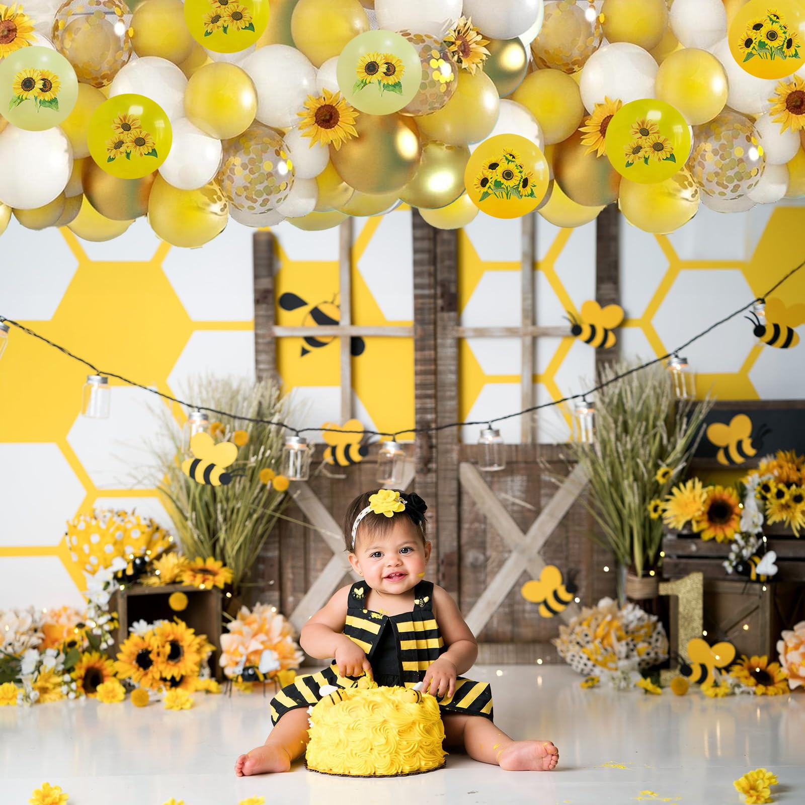 Togvu sunflowers yellow gold balloons floating with helium creates an eye-catching centerpiece.