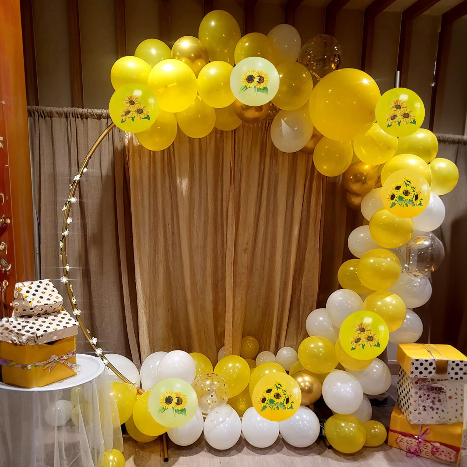Togvu sunflowers yellow gold balloons photo booth background for memorable party portraits.