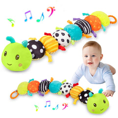 TOHIBEE baby caterpillar toy close-up shows plush rattle and crinkle textures for sensory play