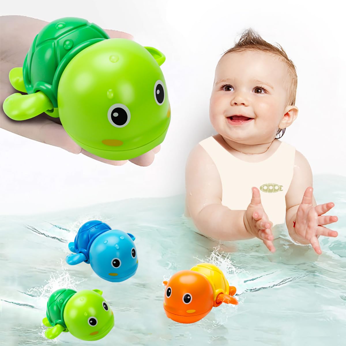 TOHIBEE green turtle bath toy in action, promotes playful tub time and color recognition.