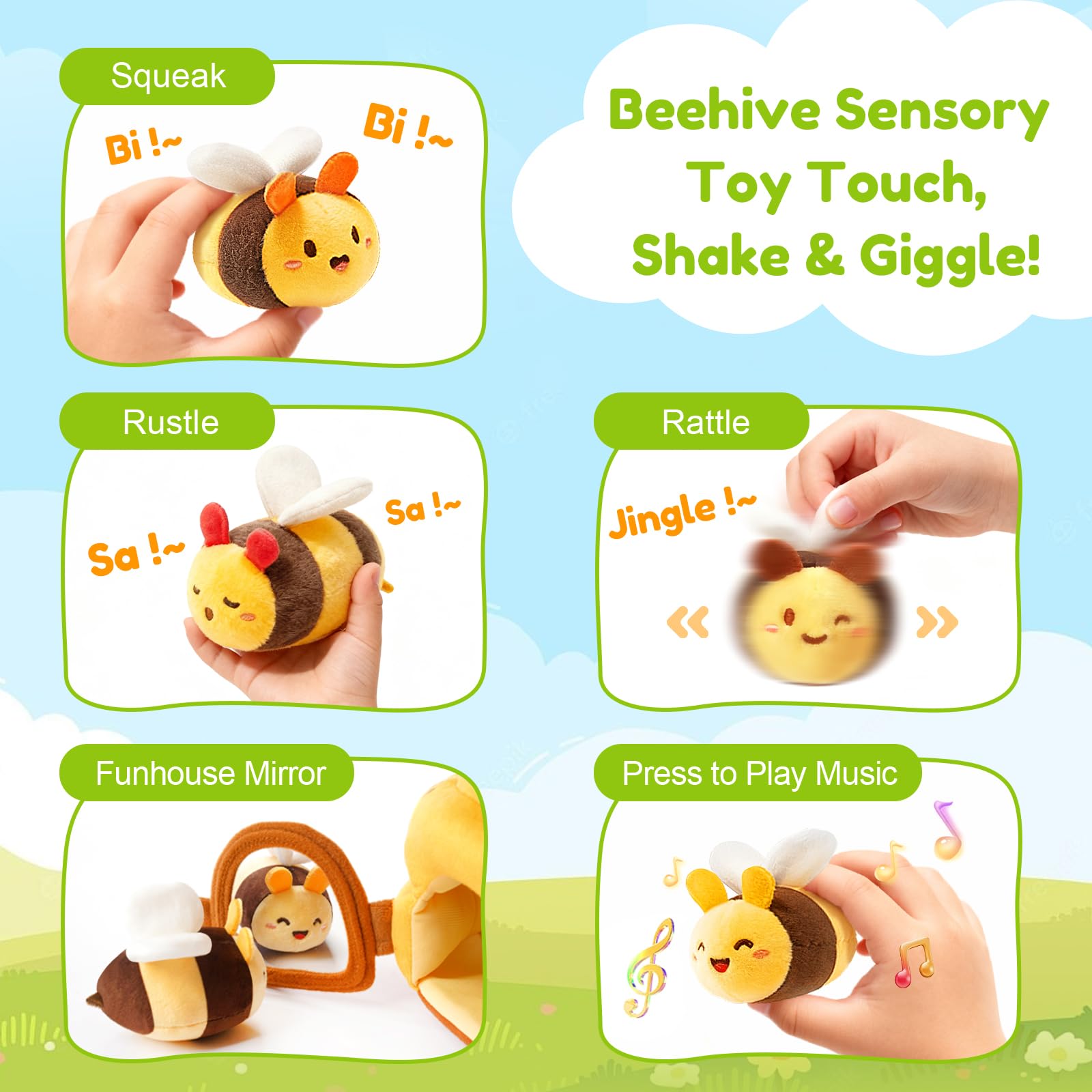TOHIBEE bee rattle promotes cause-and-effect awareness while babies shake and explore sounds.