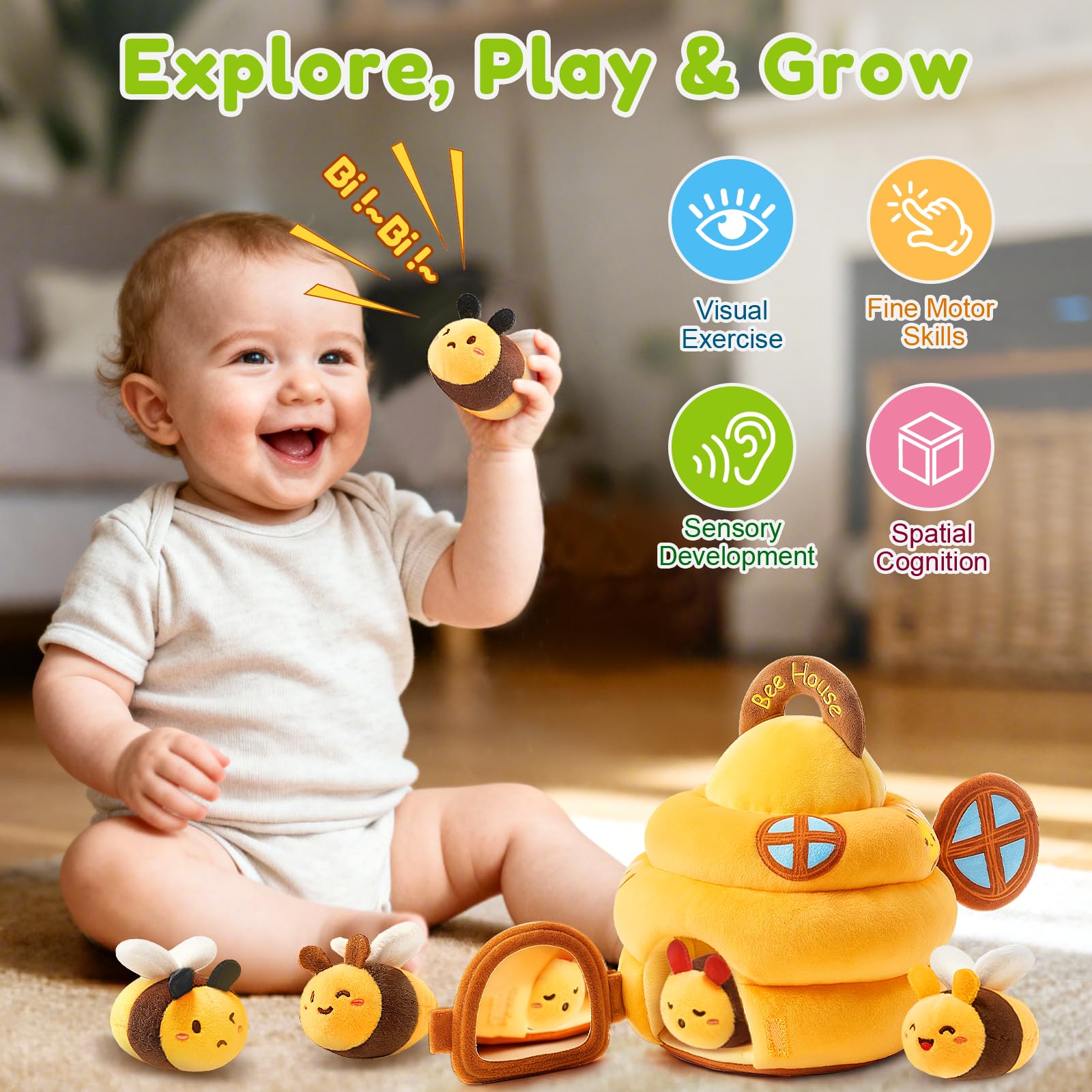 TOHIBEE five sensory bees encourage listening, grasping, and visual tracking during playtime.