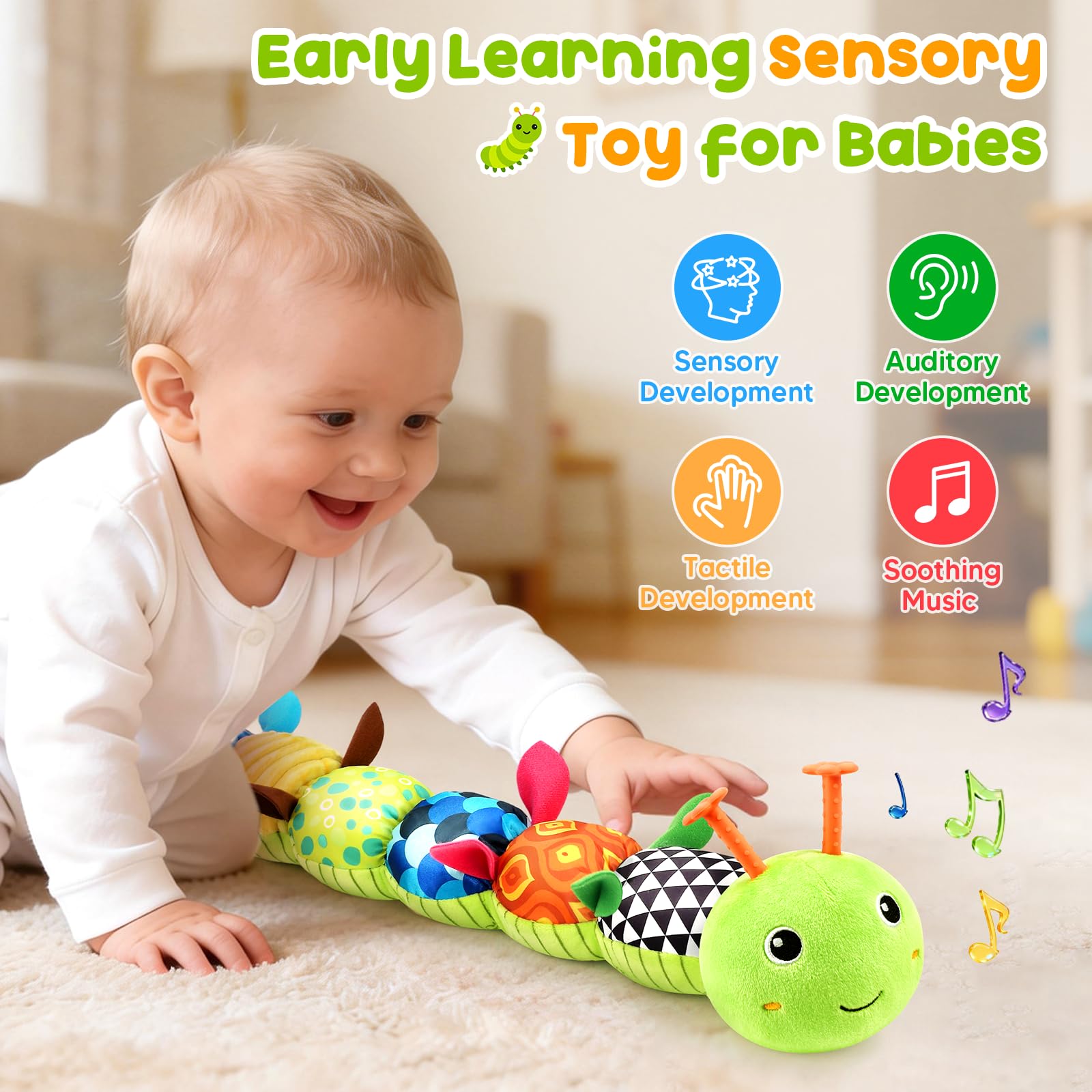 TOHIBEE Caterpillar body rattle promotes grasping and tactile exploration in early months.