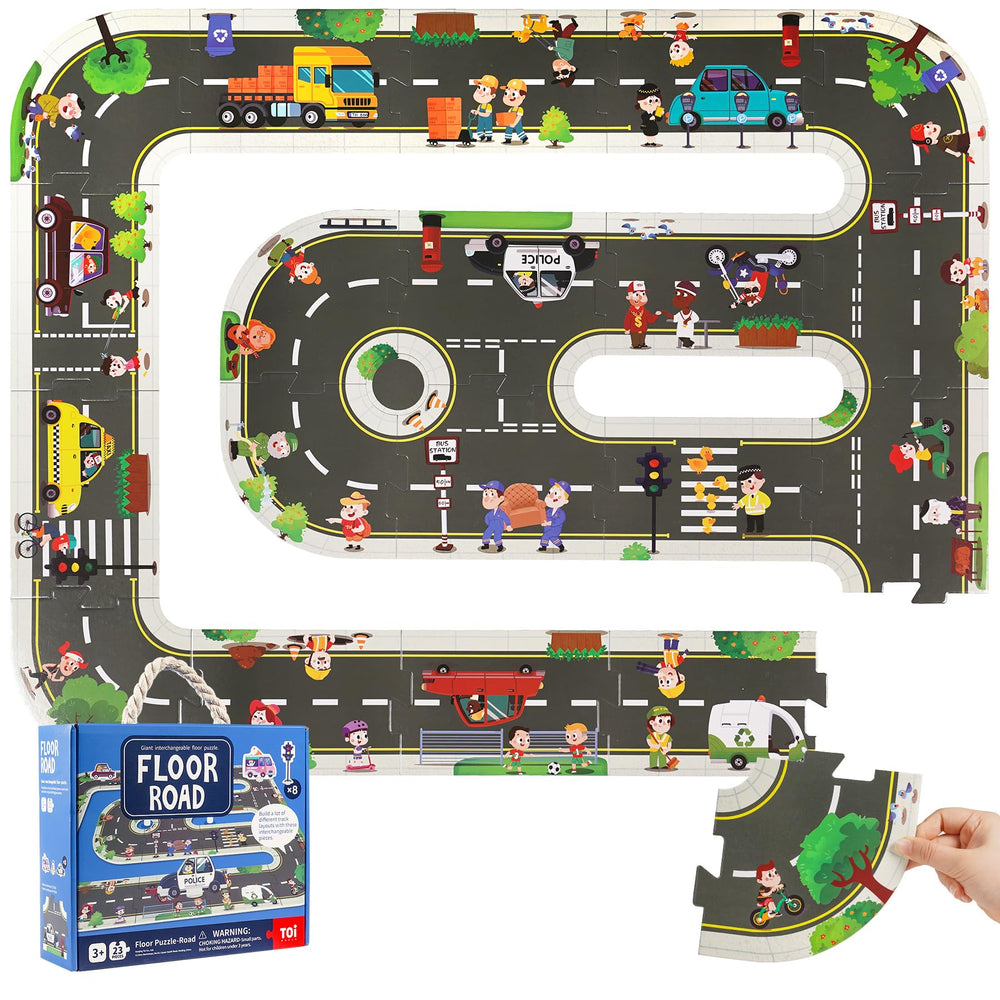 TOI giant floor puzzle city-theme pieces promote imaginative play and motor development.
