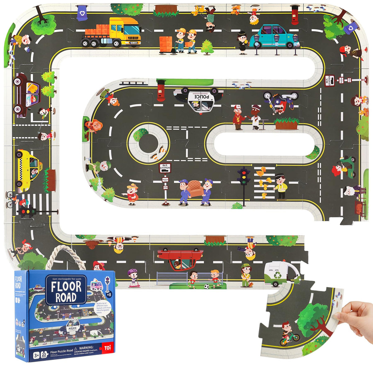 TOI giant floor puzzle city-theme pieces promote imaginative play and motor development.