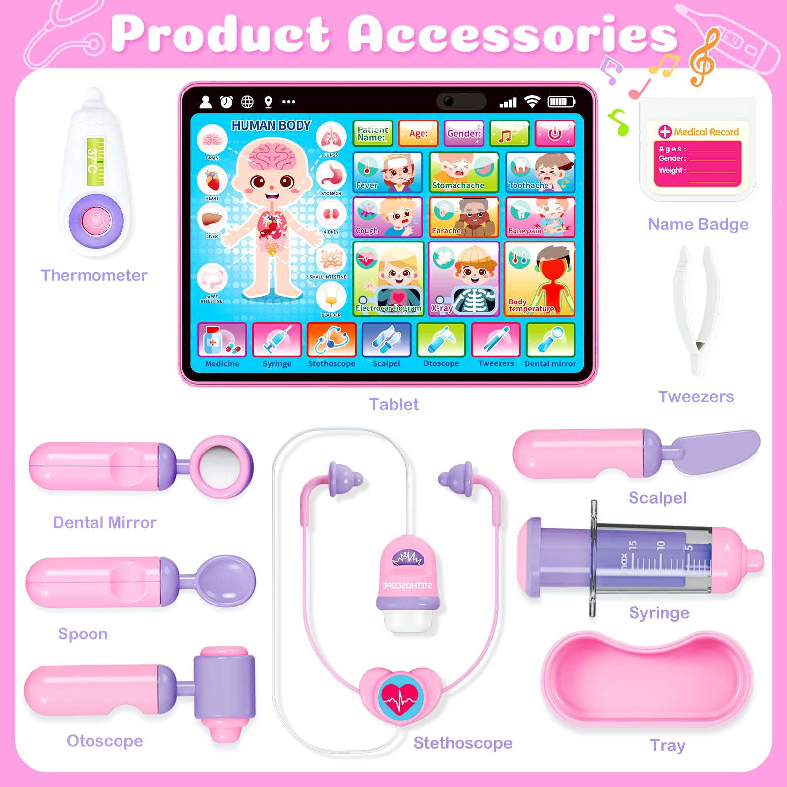 Toidgy Doctor Kit tray and tweezers keep accessories tidy during play.