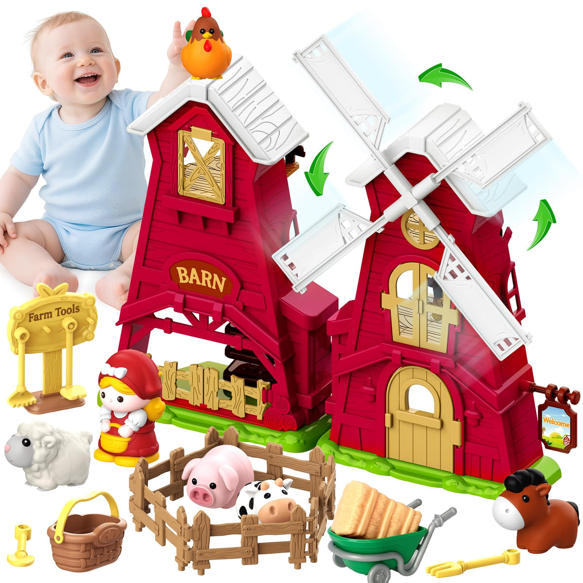 Toidgy Farm Animals barn playset windmill with interactive blades for fine motor exploration