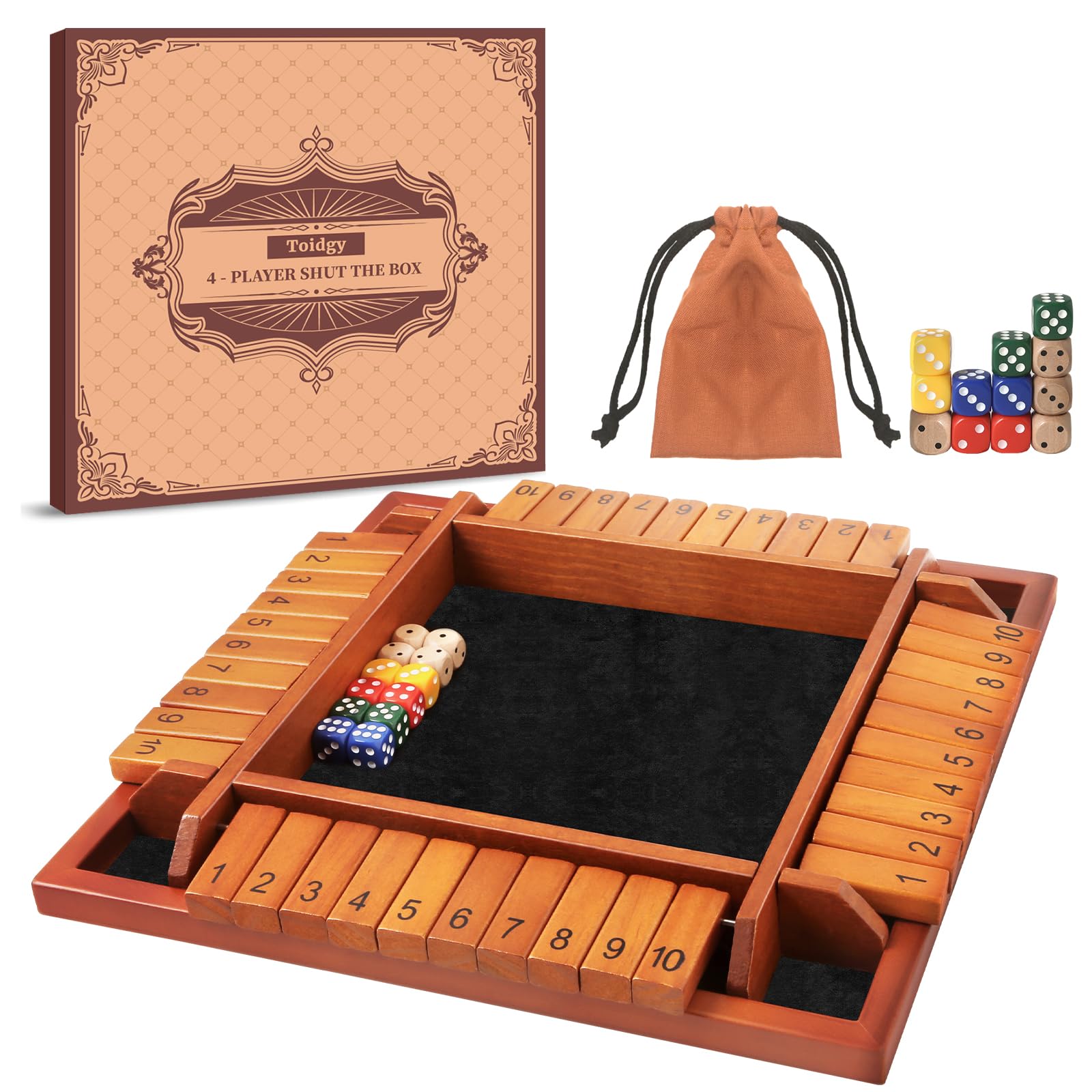 Toidgy four-player Shut The Box dice game, ready for group play.