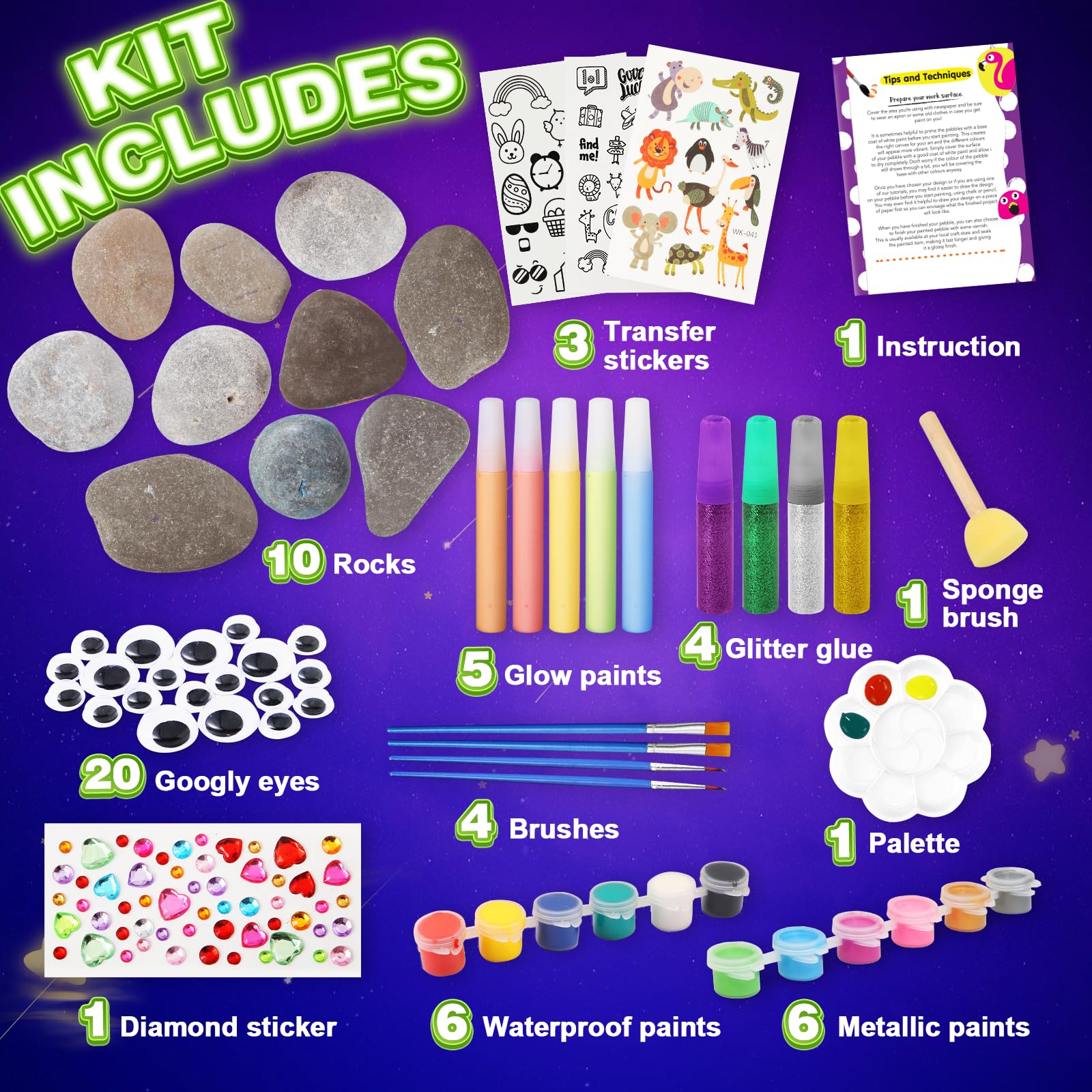 Toidgy Rock Painting Kit glow-paints: glow-in-the-dark excitement for night art.