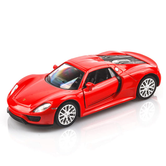 TOKAXI 1/36 Porsche 918 Spyder front view in red, durable die-cast toy.