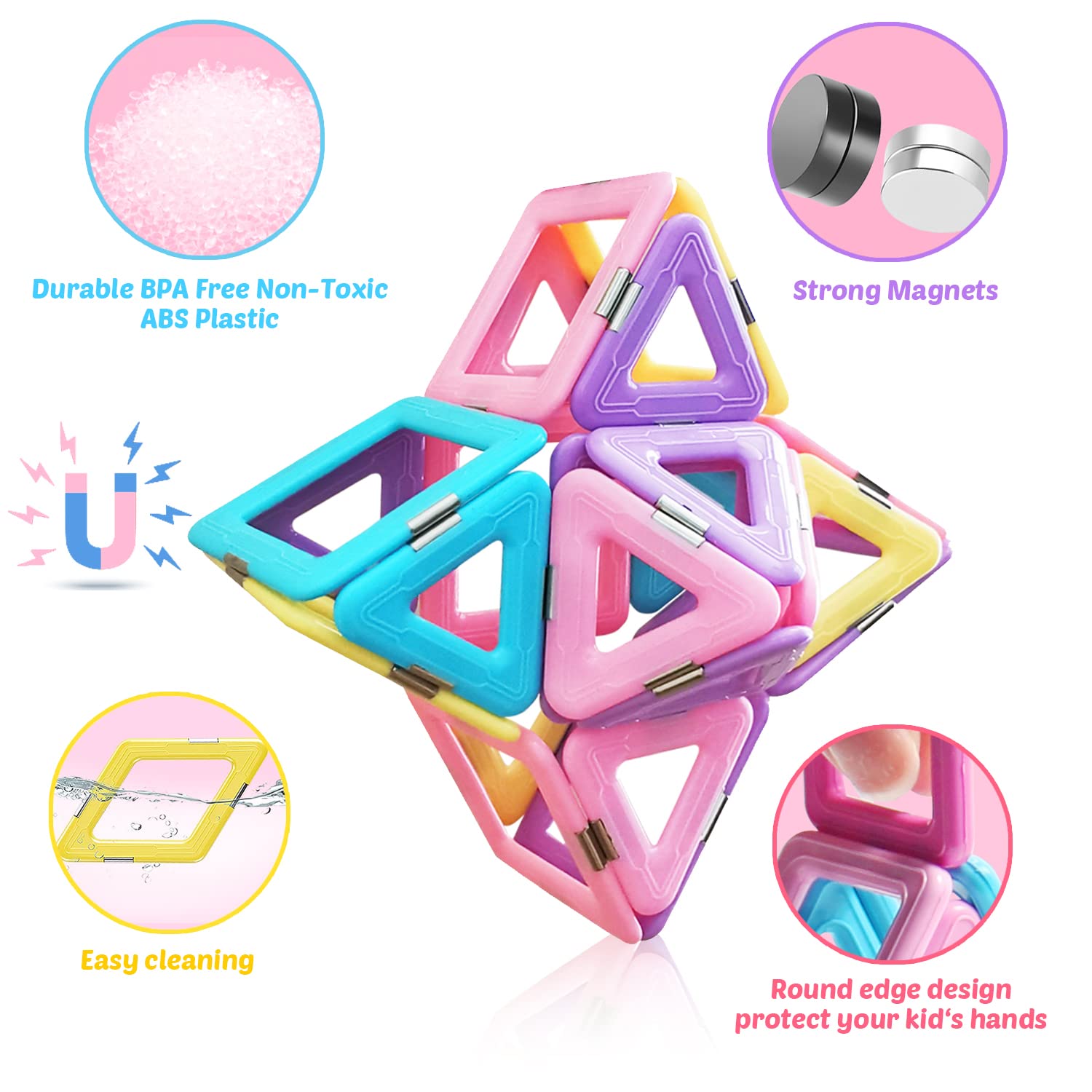 Tolnetr magnetic tiles built into houses and castles for STEM-friendly play.