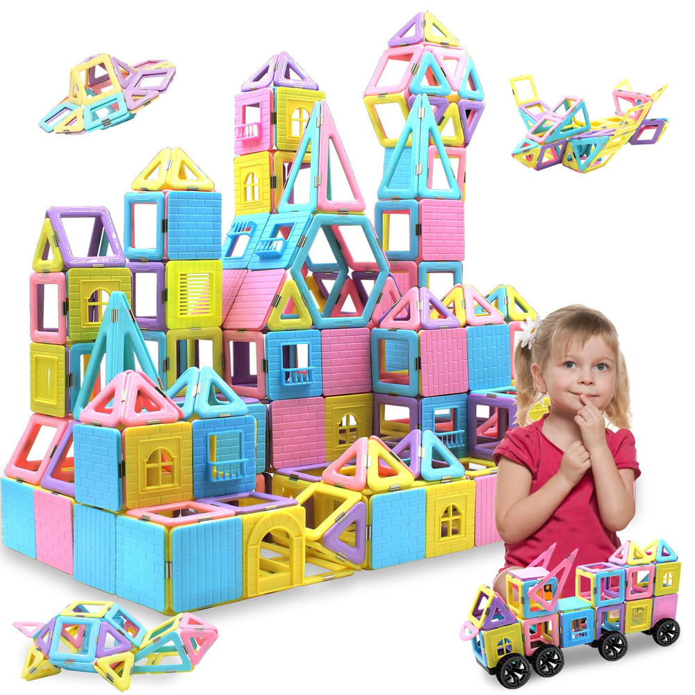 Tolnetr 124PCS magnetic tiles forming a castle to boost imagination.