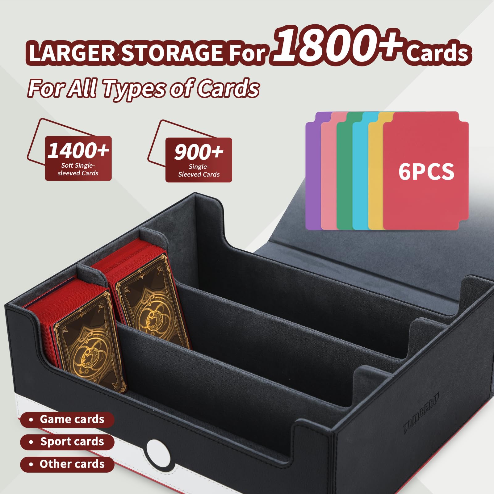 Tombert card storage box six dividers for organized deck separation.