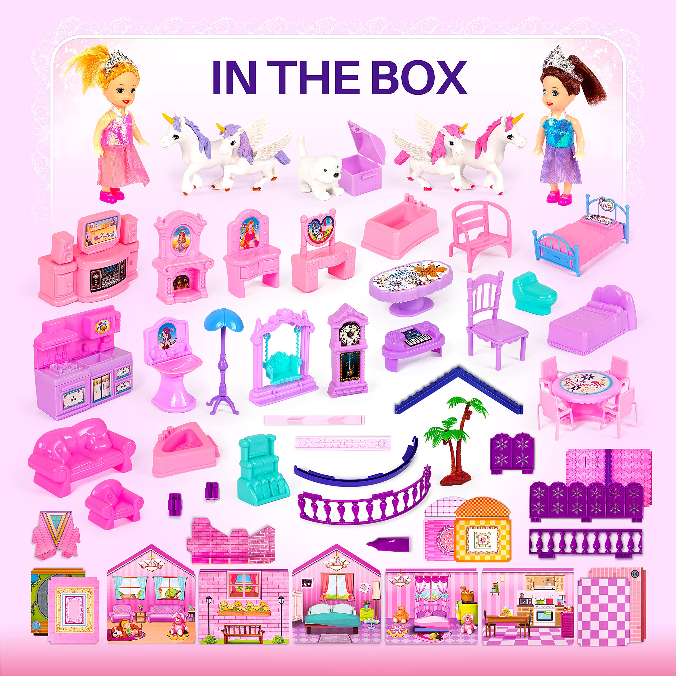 TOMLEON dollhouse with four unicorns, inspiring magical adventures and cooperative play